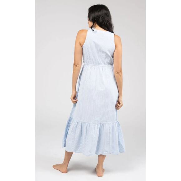 The Margot Dress Size M  Blue Seersucker Smocked Bodice Maxi Flutter Hem Pockets - Picture 3 of 12